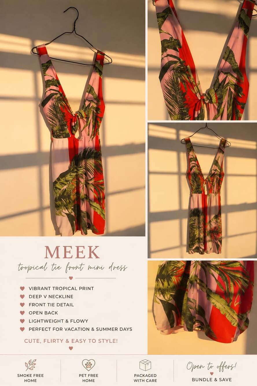 MEEK Pink and Red Tropical Leaf Print Tie-Front Sleeveless Midi Dress